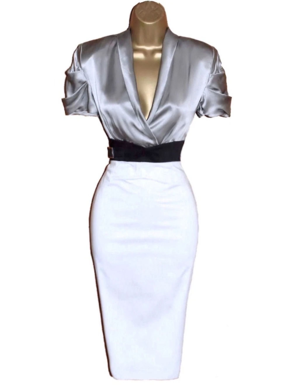 Karen Millen Silver Satin Top White Pencil Midi Dress with Black Waistband Sz 6